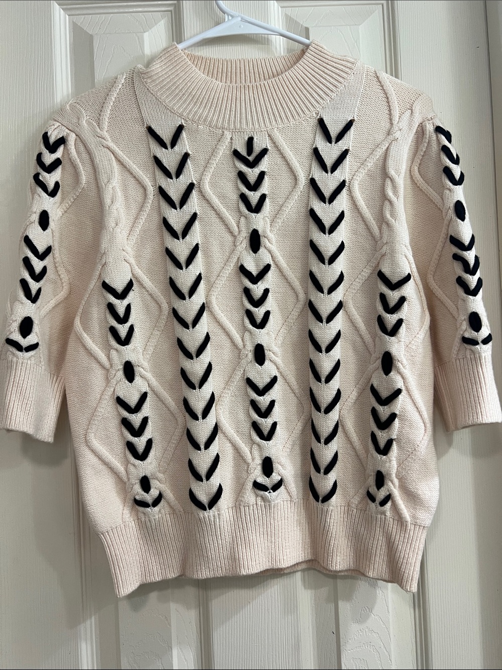 THML Cream Cable Knit Crewneck Sweater with Black Trim